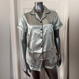 NEW Silky Short Sleeve Pajama Set - Silvery Blue Green w/ Black Cording Trim